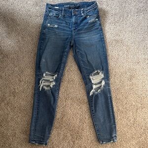 American Eagle Outfitters Women's Dark Blue Ripped Skinny Jeans